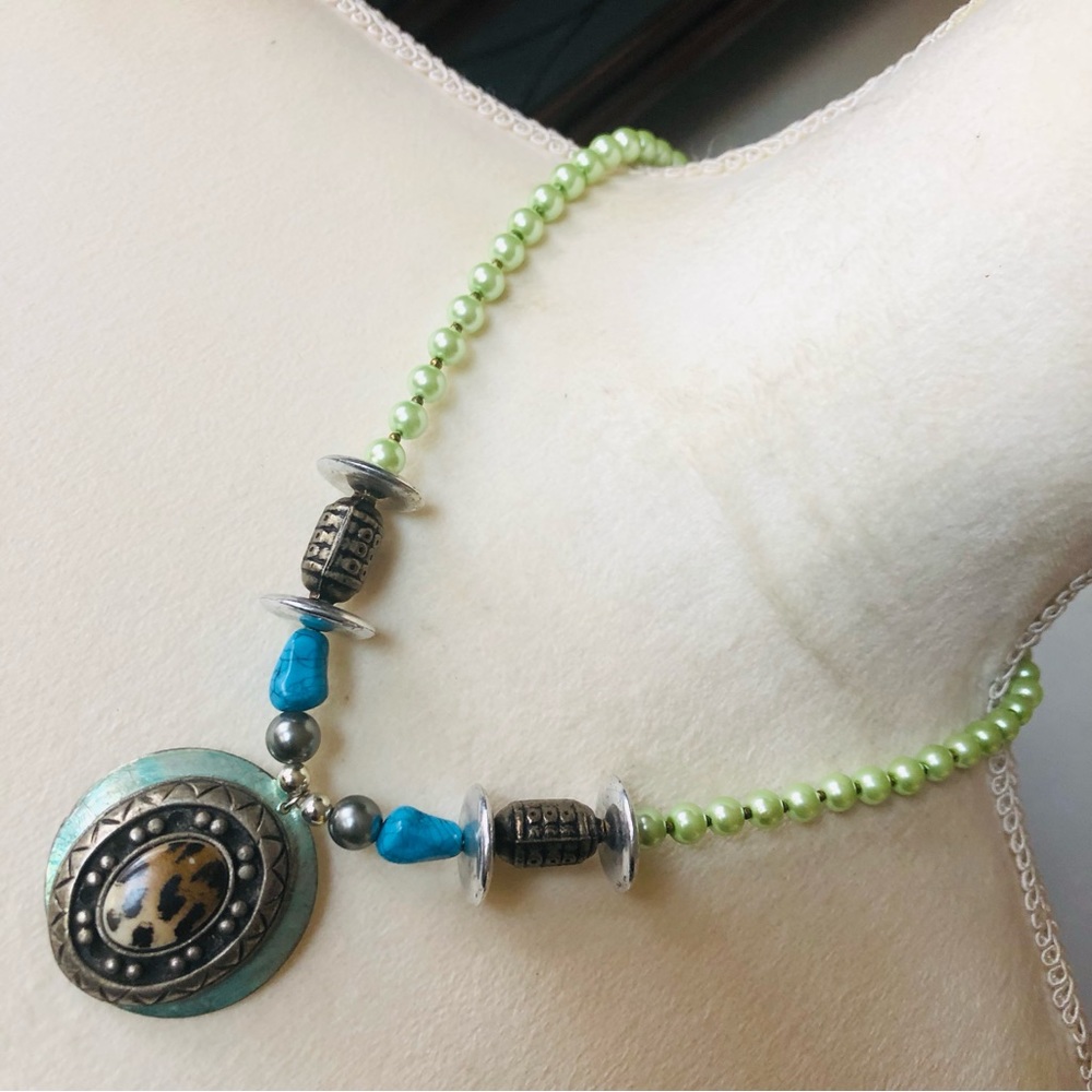Handcrafted repurpose animal print ceramic pendant Czech glass Pearl necklace